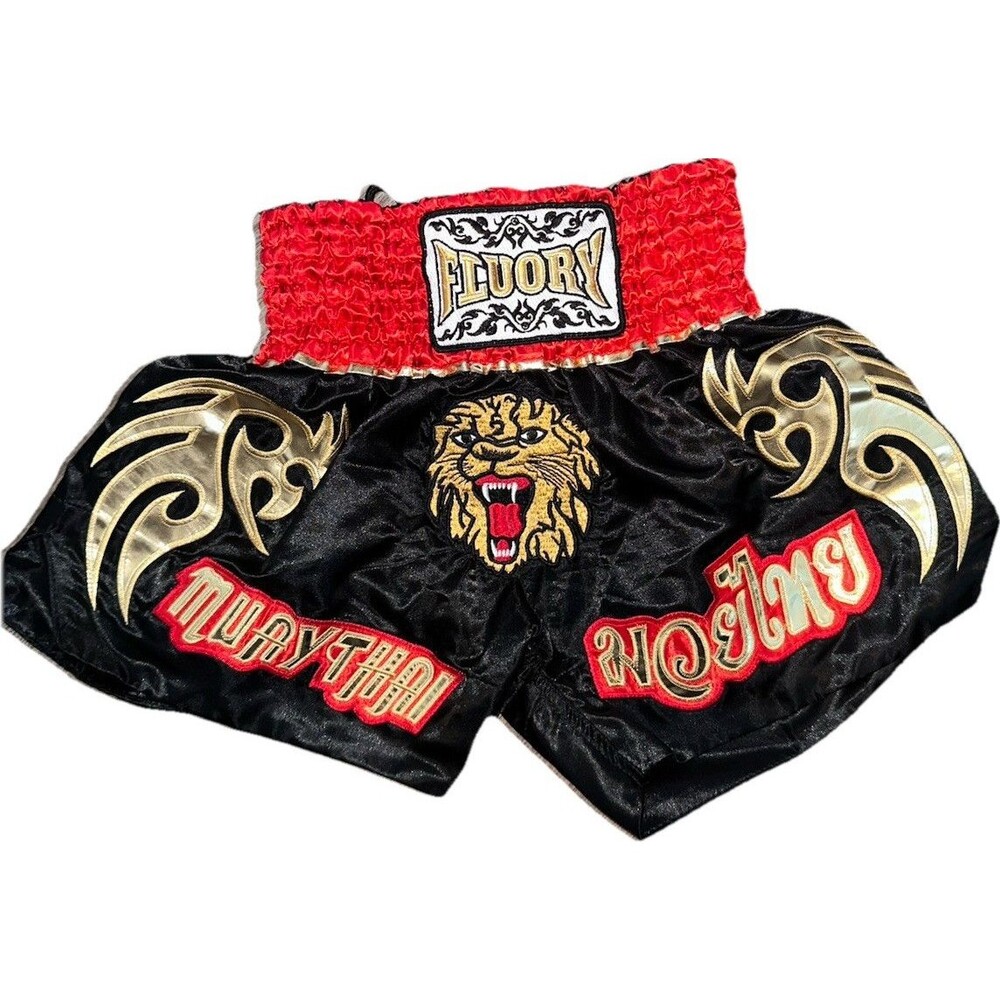Fluory Muay Thai Shorts Black, Red & Gold Tiger Embroidered — Kids Size S
